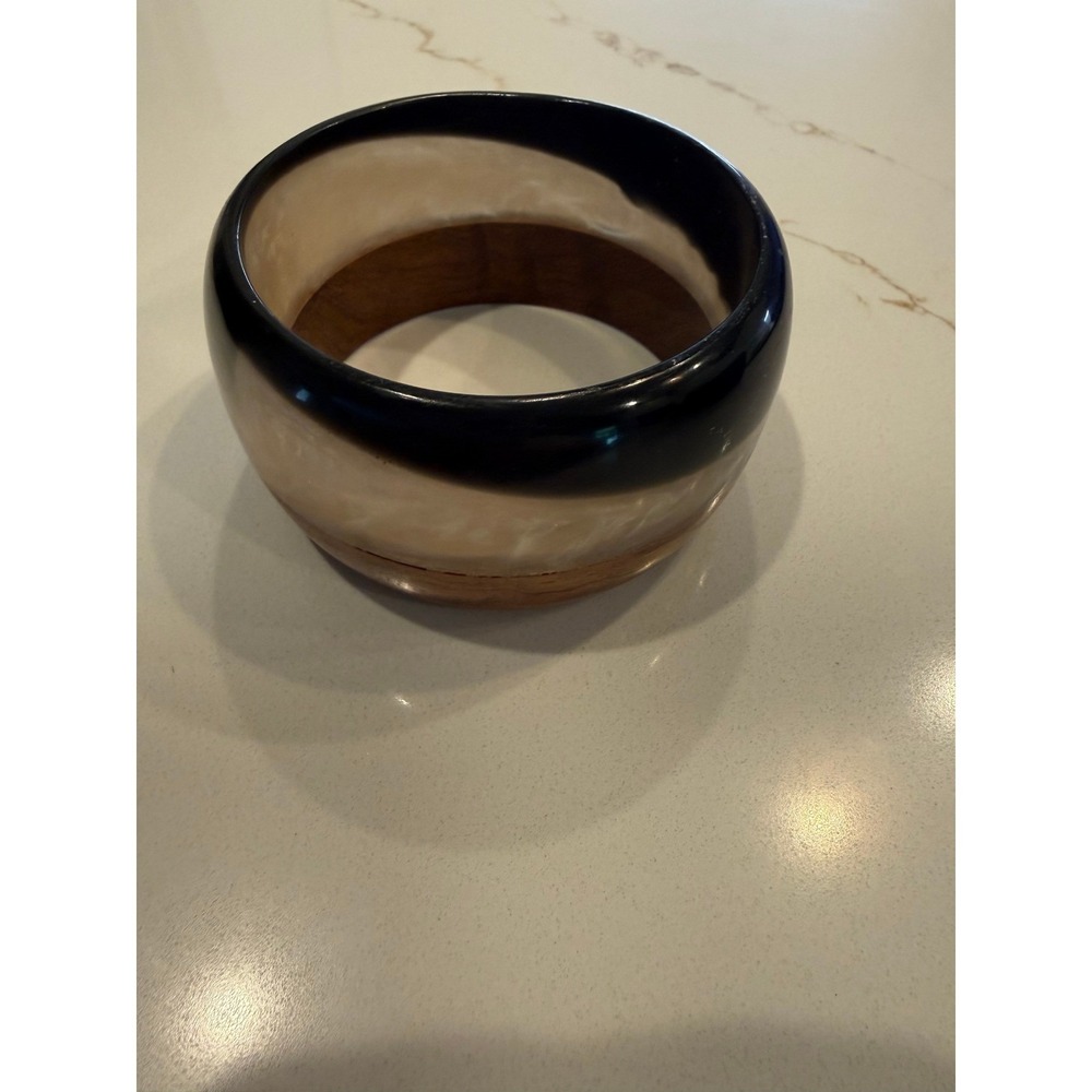Wide Wood Resin Bangle Bracelet Brown Black Cream Statement Boho Artisan Cuff - Picture 5 of 6